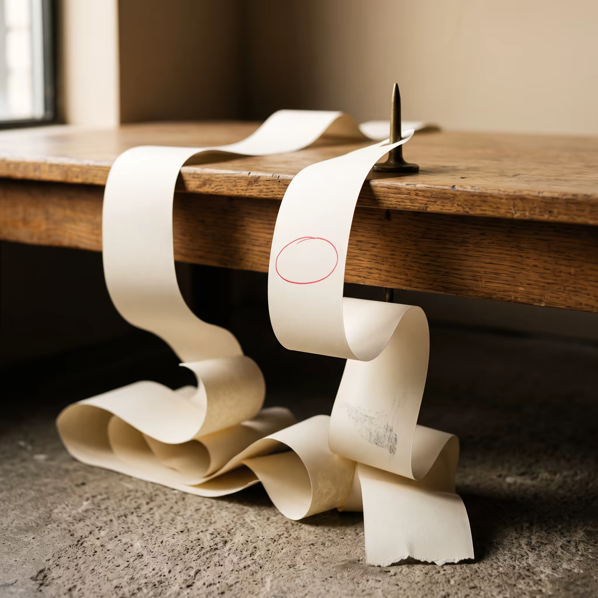 A long strip of blank cream paper unspooling from a brass spike on a wooden desk and pooling in loose coils on the concrete floor, with a single empty red ballpoint circle drawn on one segment and nothing written inside it