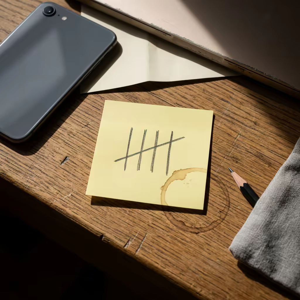 A yellow sticky note on a worn oak desk bearing hand-drawn pencil tally marks, a coffee ring staining one corner, with a face-down phone and the edge of a closed laptop behind it