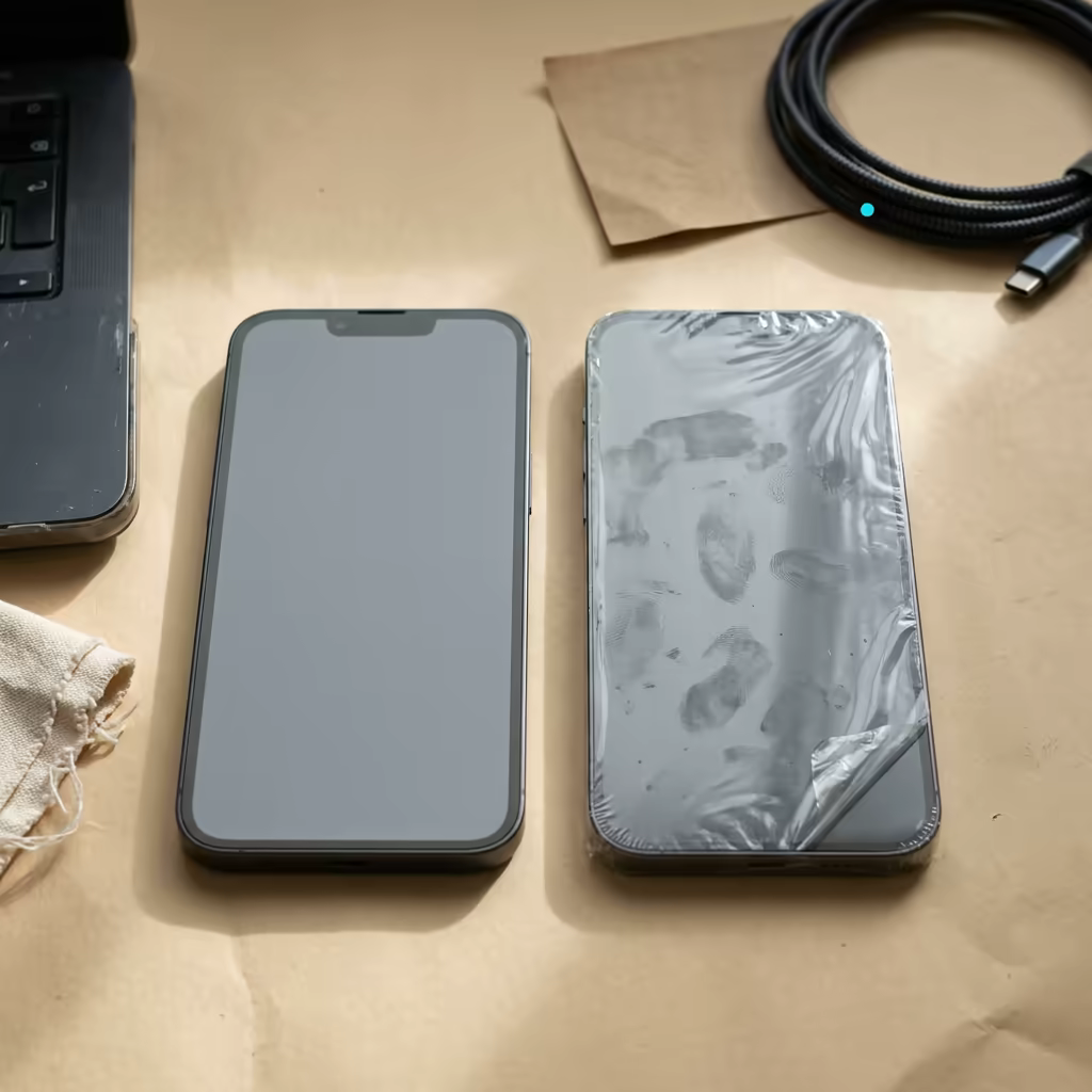 Two identical dark smartphones lying side by side on beige paper, the left one bare with a blank screen and the right one still sealed in fingerprint-smudged clear shrink film