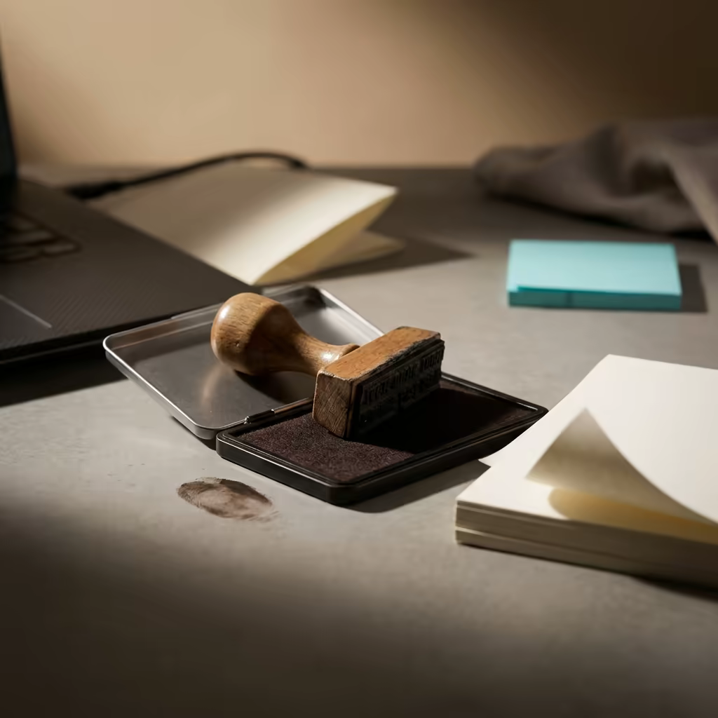 A wooden-handled rubber stamp resting on an open ink pad beside a stack of paper with the top sheet curling up, a smeared ink thumbprint dried on the desk nearby