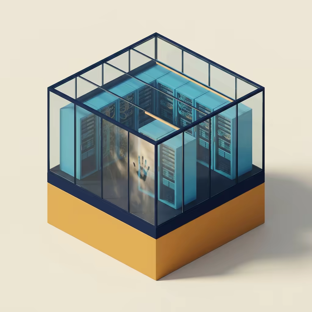 Isometric glass-walled server pavilion with every rack inside plainly visible, standing on a solid opaque amber foundation block, one glass panel smeared with a handprint and dust