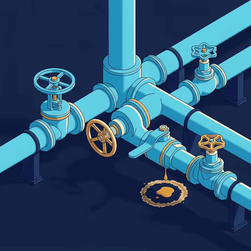 Isometric pipeline junction where one trunk splits into four outlets, each fitted with a different valve mechanism, a single brass wheel turned fully open and an amber drip staining a dried ring on the floor below