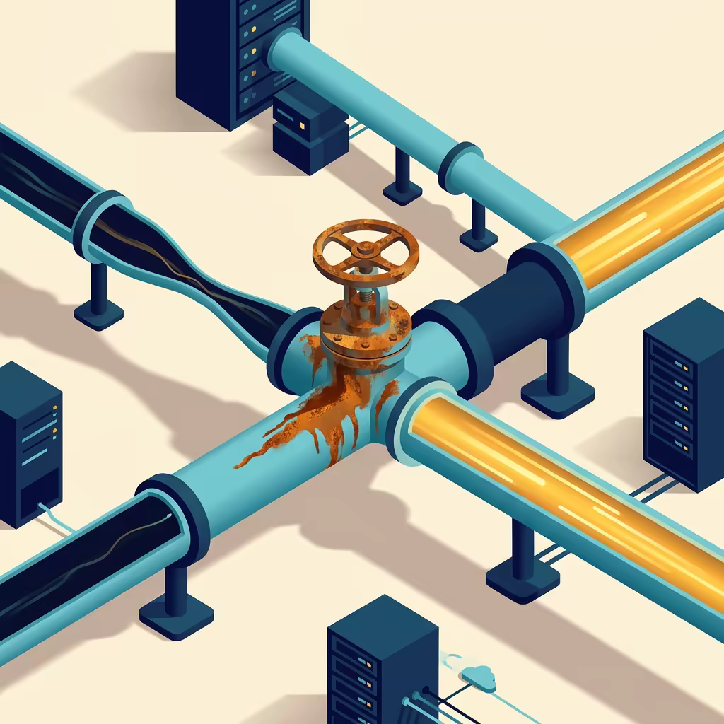 Isometric pipeline fork where the original branch runs dark and empty while the forked branch flows bright amber, joined by a spur whose rusted reversing valve is seized shut and bleeding rust down the pipe