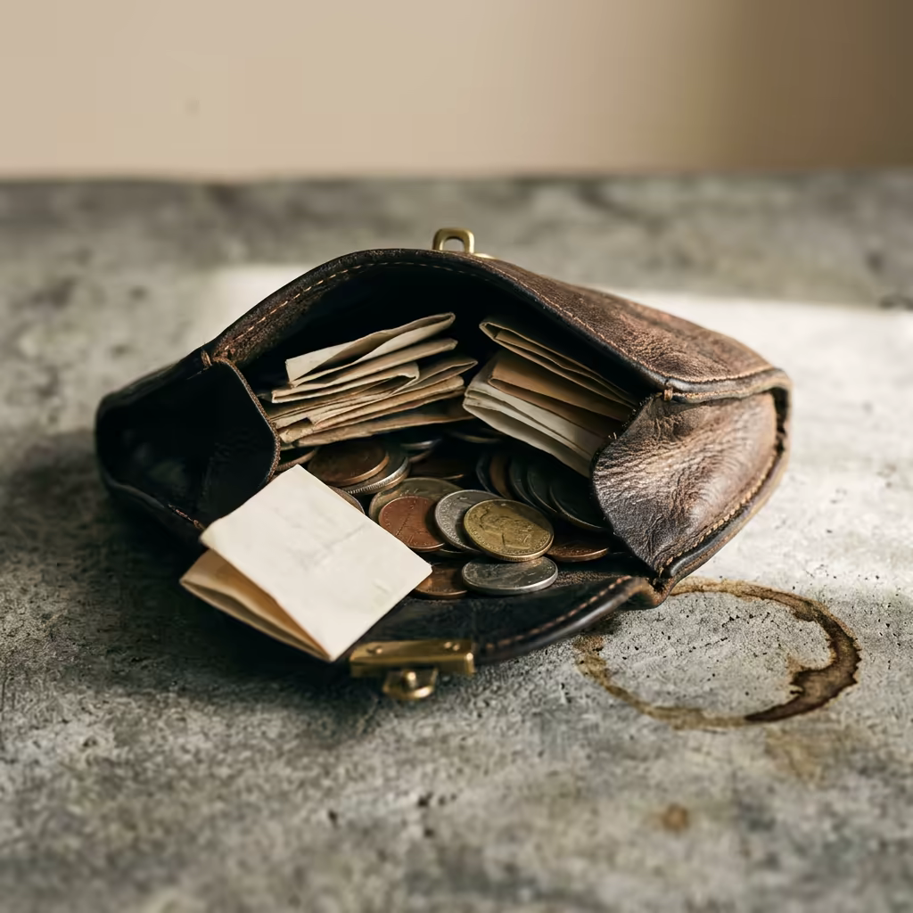 An open, worn leather coin pouch on a concrete desk, its interior crowded with folded paper slips and coins, one slip half out, a dried coffee ring staining the surface beside it