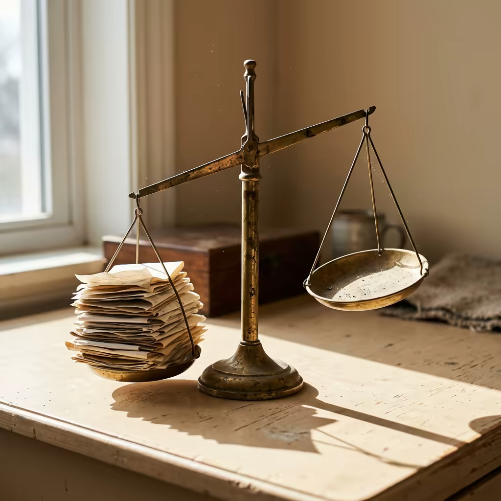 A tarnished brass balance scale in window light, the left pan weighed down by a thick stack of folded paper receipts while the right pan hangs empty and dusty