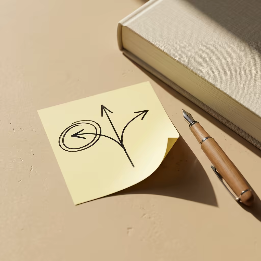 A yellow sticky note carrying a hand-drawn ink arrow that splits three ways, the leftmost branch circled twice in pen, beside a linen-bound notebook and a wooden fountain pen