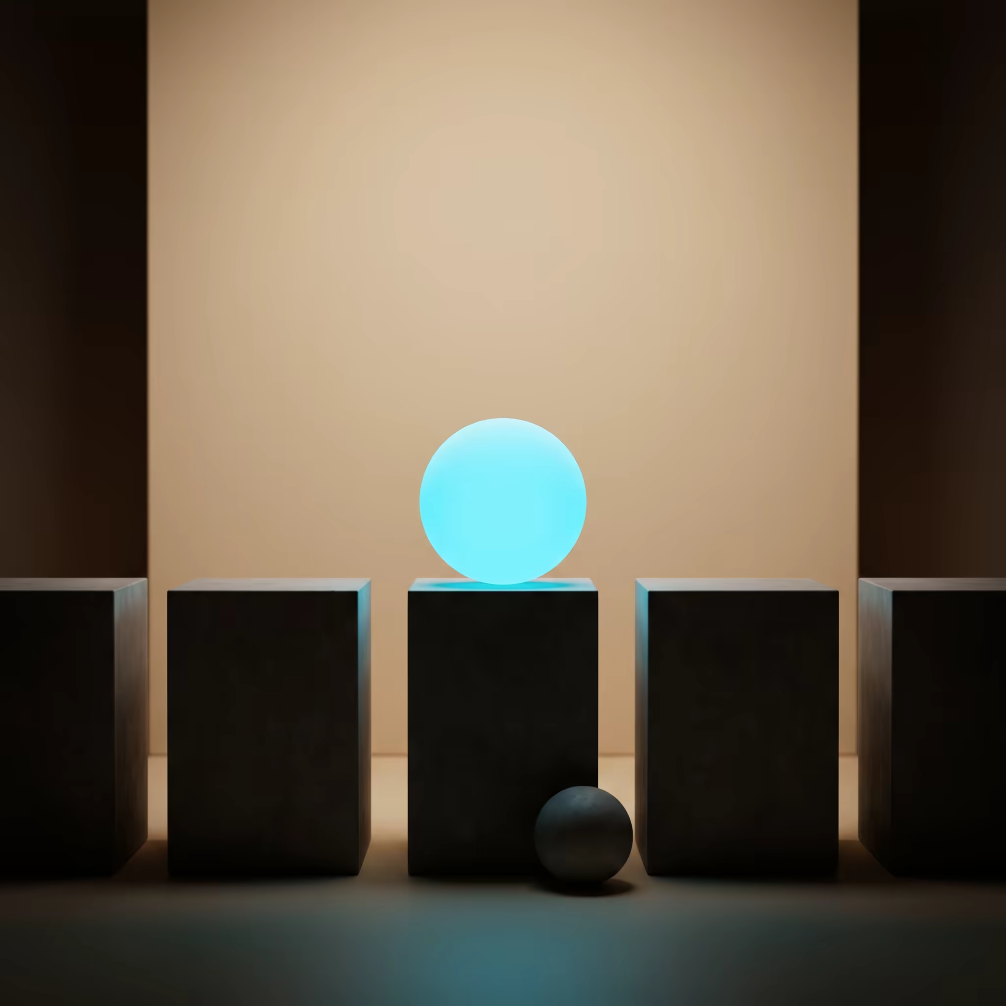 A single glowing cyan sphere rests on a concrete plinth at the center of a row of dark, unlit stone plinths