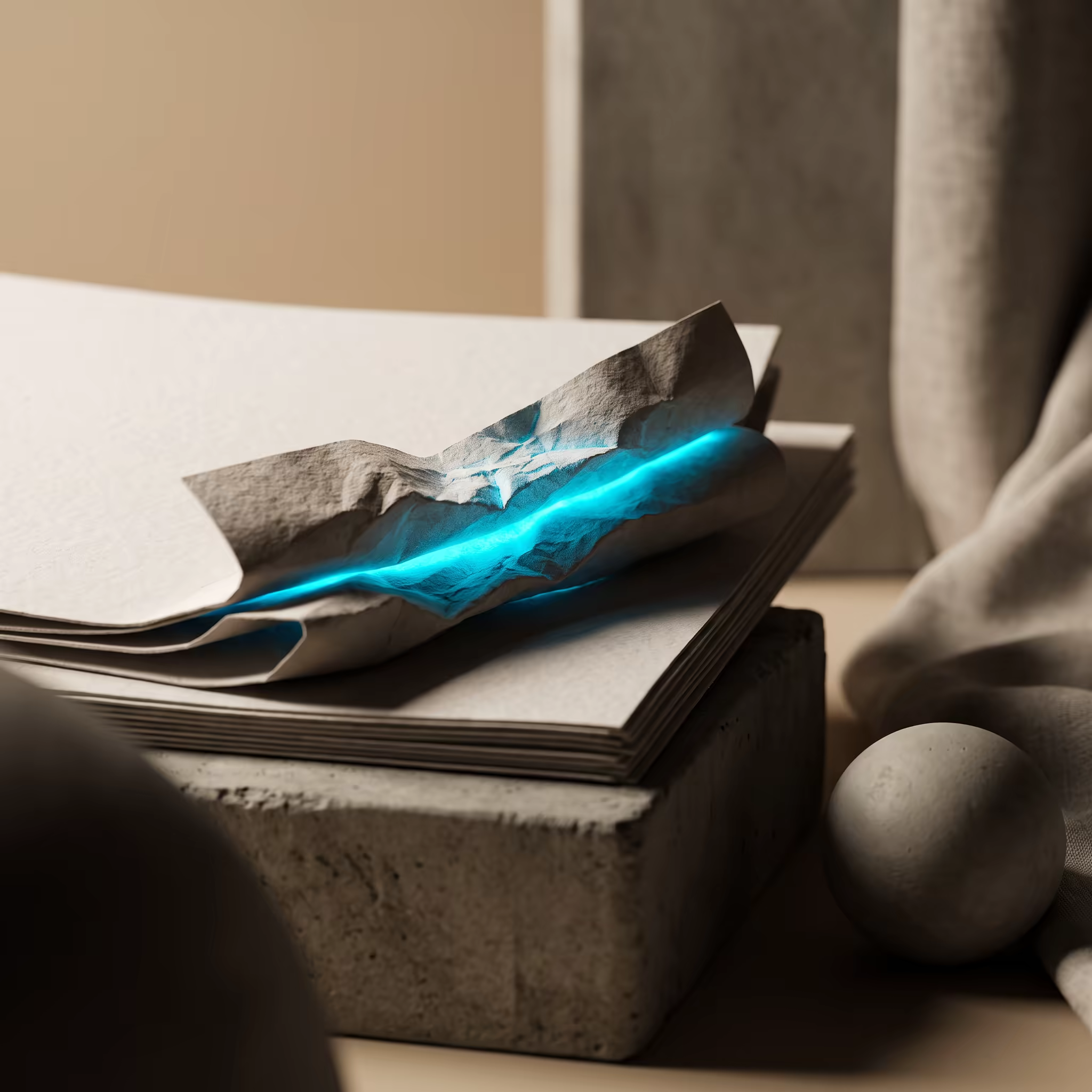 A stack of pale folded paper sheets with the top sheet crumpled into a duplicate fold, its overlapping seam glowing bright cyan