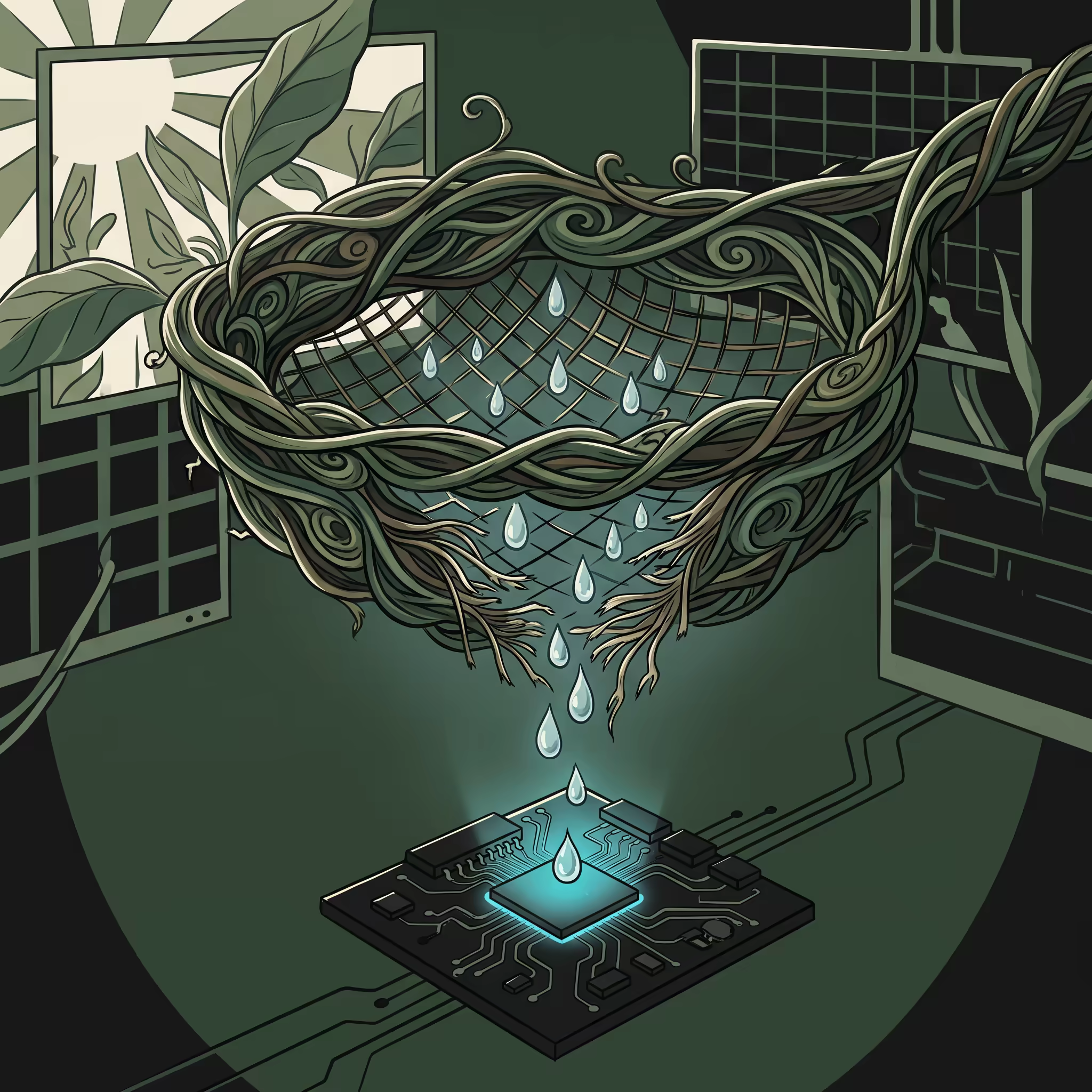 A woven vine sieve suspended in midair with a handful of water droplets slipping through a frayed gap and landing on a small glowing circuit board below