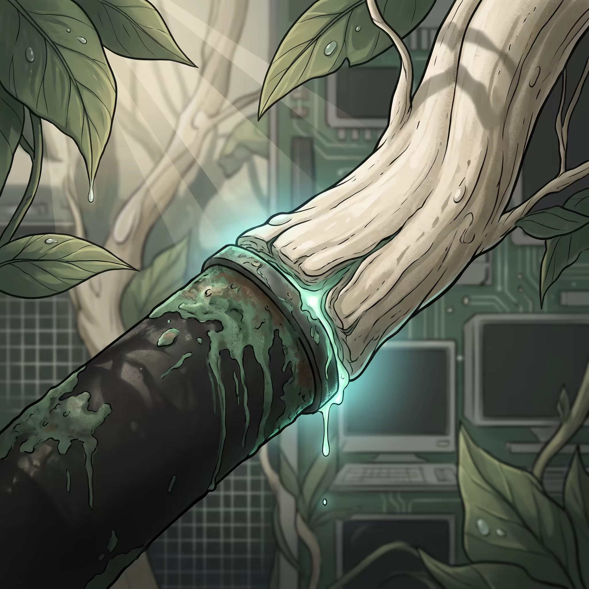 A living vine meeting an old corroded metal pipe at a mismatched coupling, glowing sap leaking from the seam between the two materials