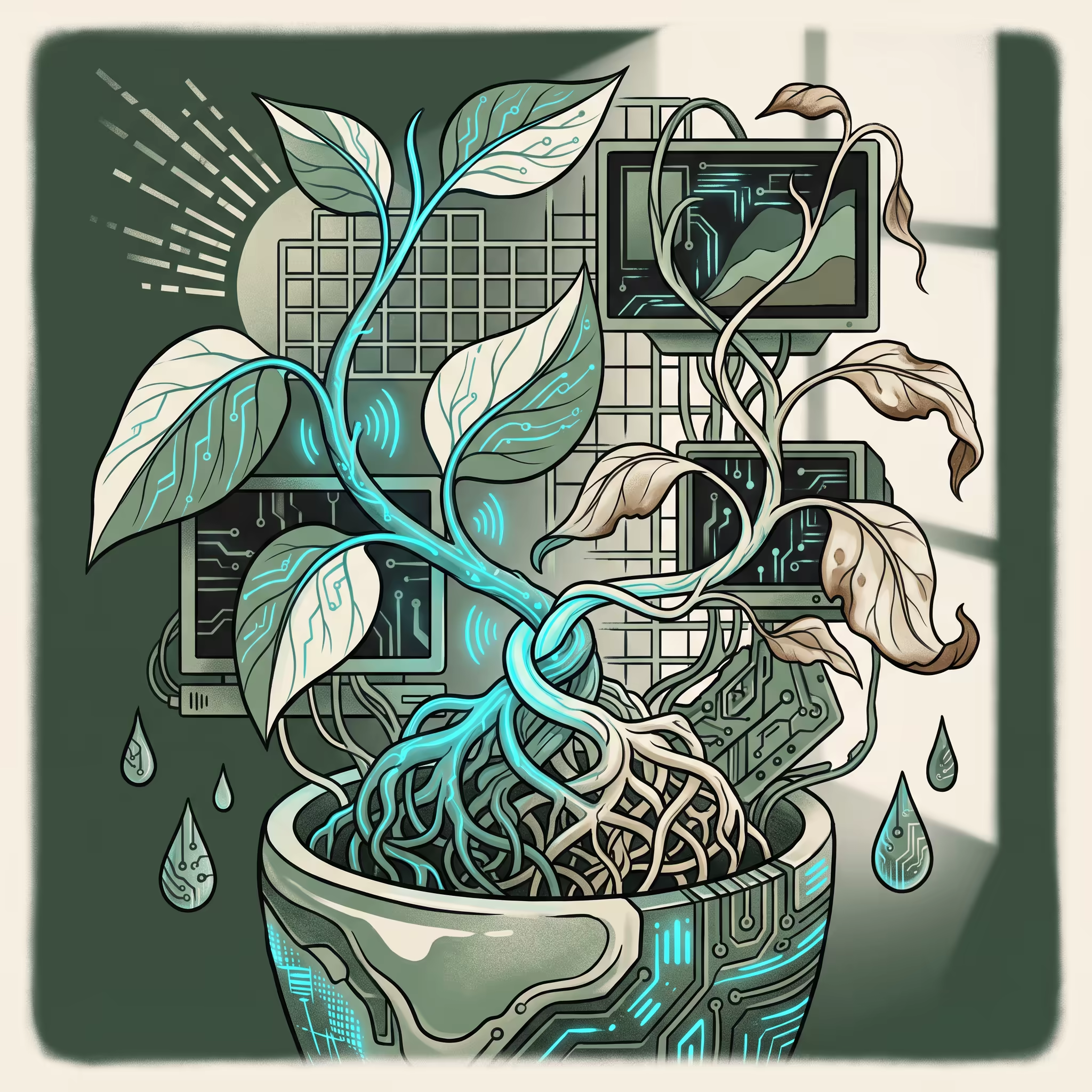 Two intertwined vines growing from one tangled root system in a single pot, one vibrant with glowing cyan circuitry, the other pale and wilting with browning leaf edges