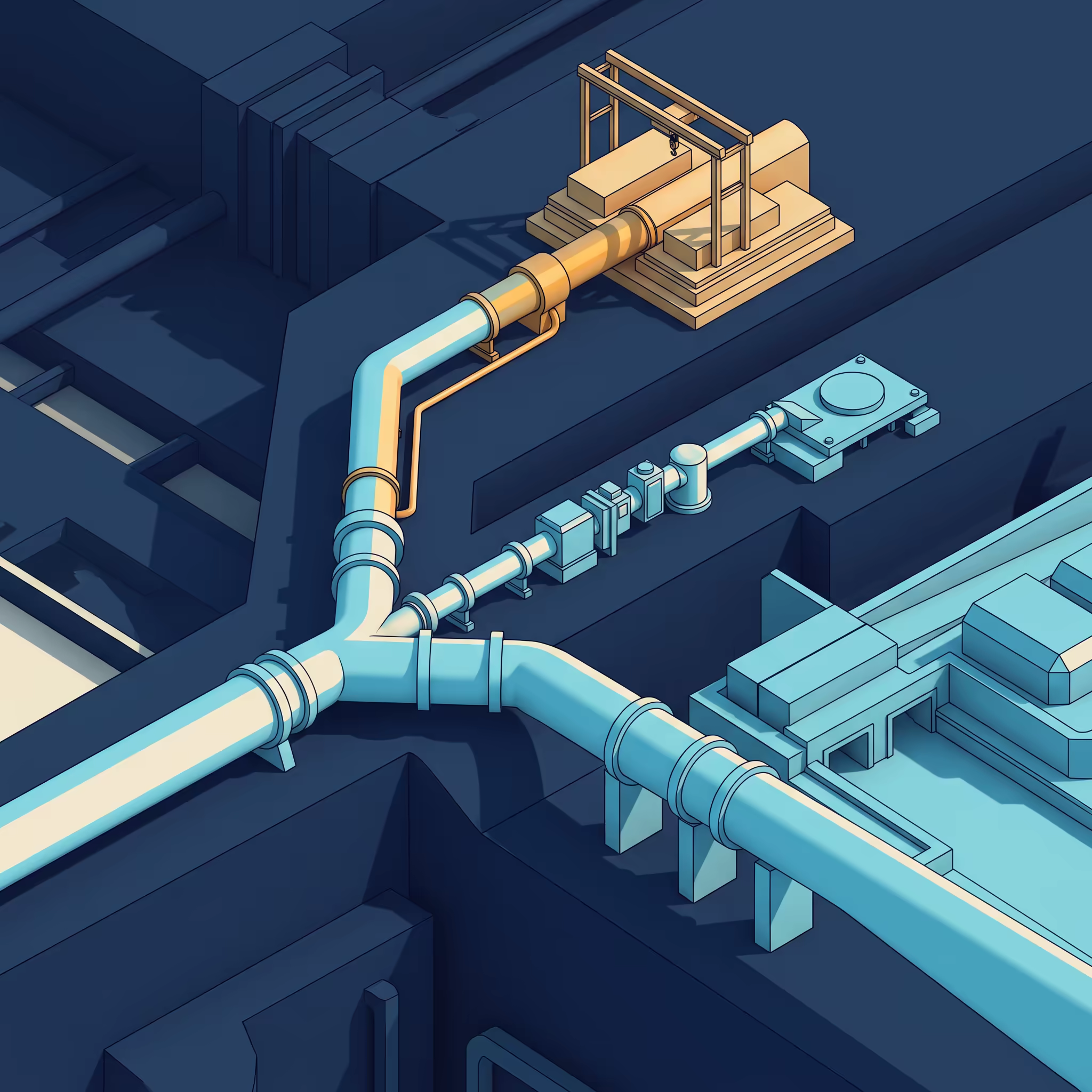 Isometric illustration of a pipeline forking into three paths, each leading to a differently shaped mechanical assembly