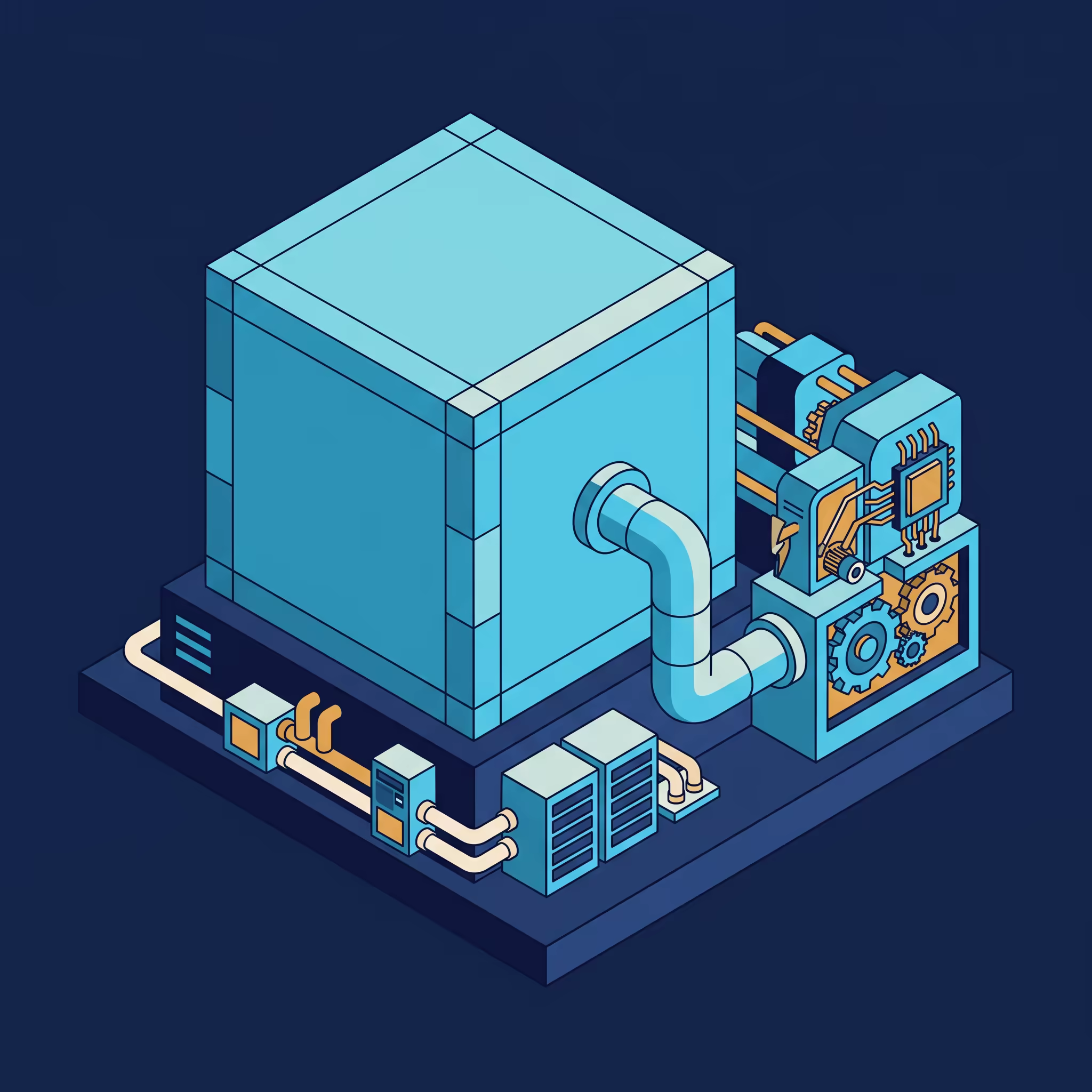 Isometric illustration of a sealed cube-shaped vault connected to internal gear and circuit machinery by a single pipe