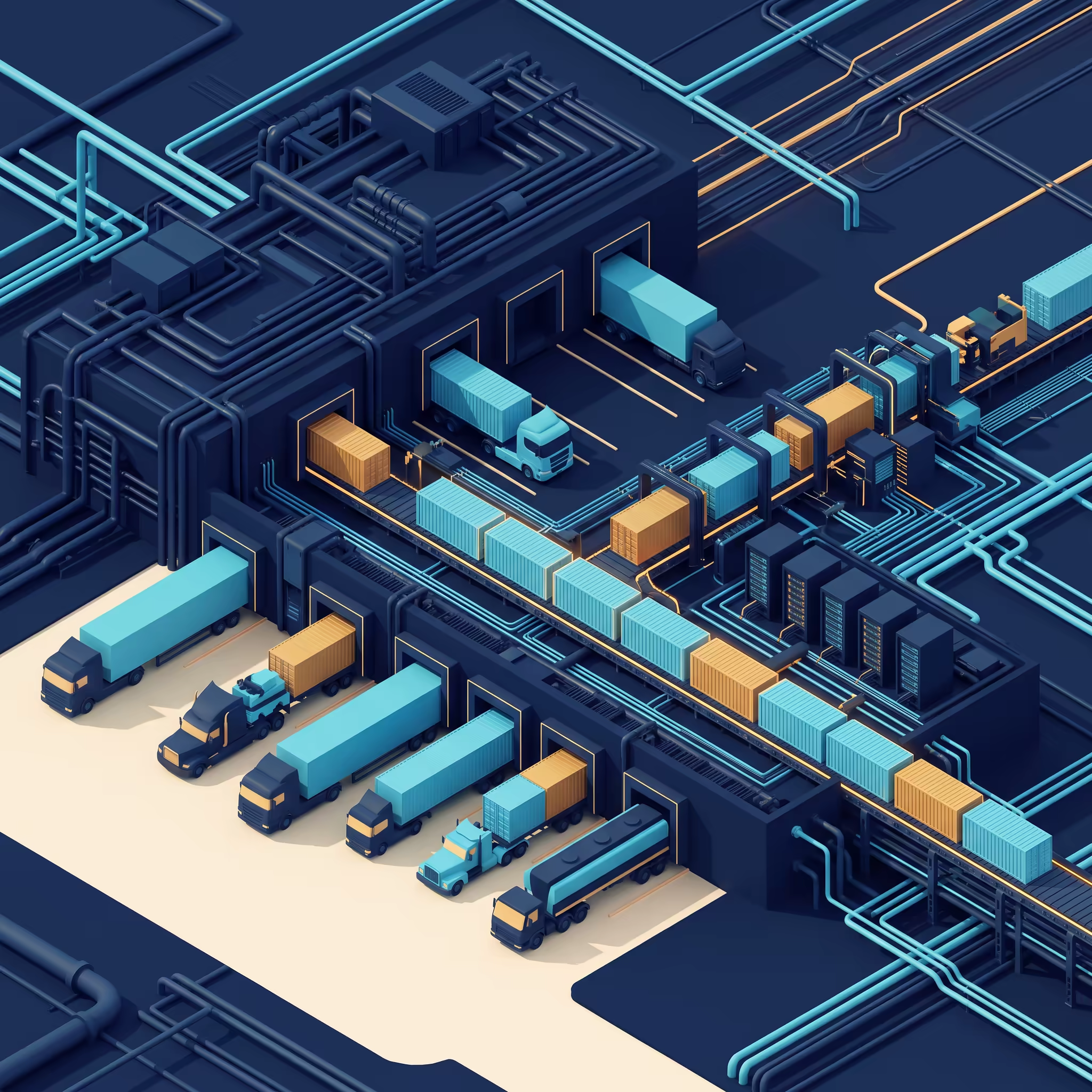 Isometric illustration of a loading dock with shipping containers being loaded from several trucks along a conveyor