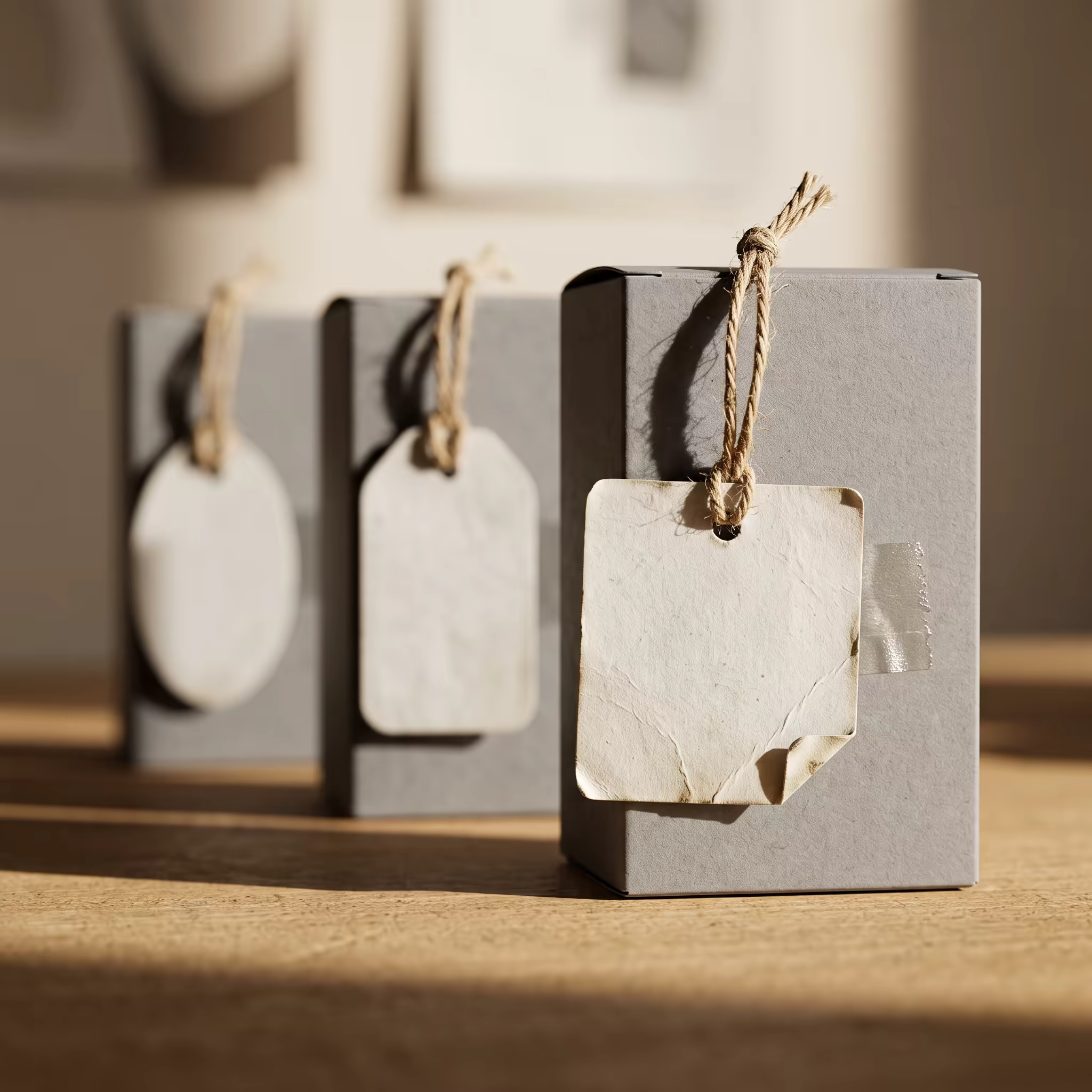 Three grey cardboard boxes standing in a row on a beige desk, each with a differently shaped blank paper price tag tied on with rough string, the nearest tag sharply lit with a torn and curled corner