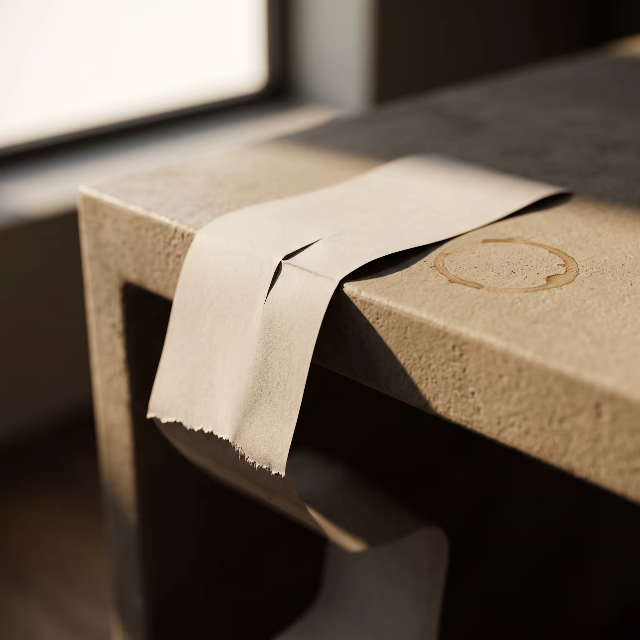 A blank paper receipt strip creasing hard over the edge of a concrete desk and dropping away into shadow, with a dried coffee ring on the desk surface beside it
