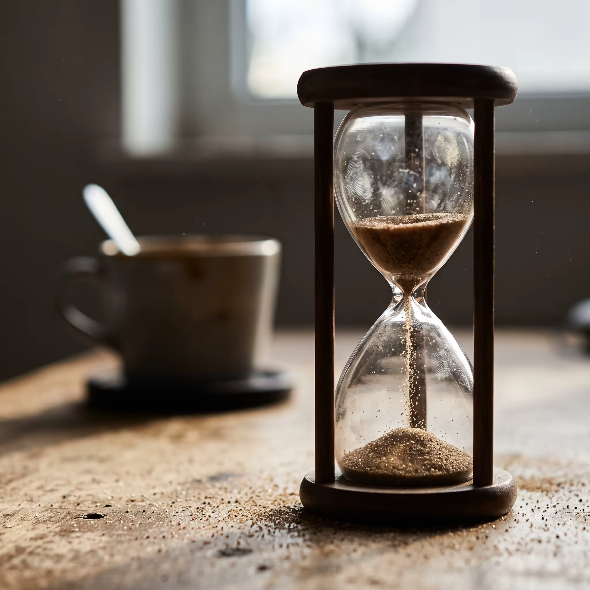 A glass hourglass on a wooden desk with its sand streaming mid-fall, greasy fingerprints smudged across the glass and loose sand grains scattered around the base, a cold cup of coffee blurred behind it
