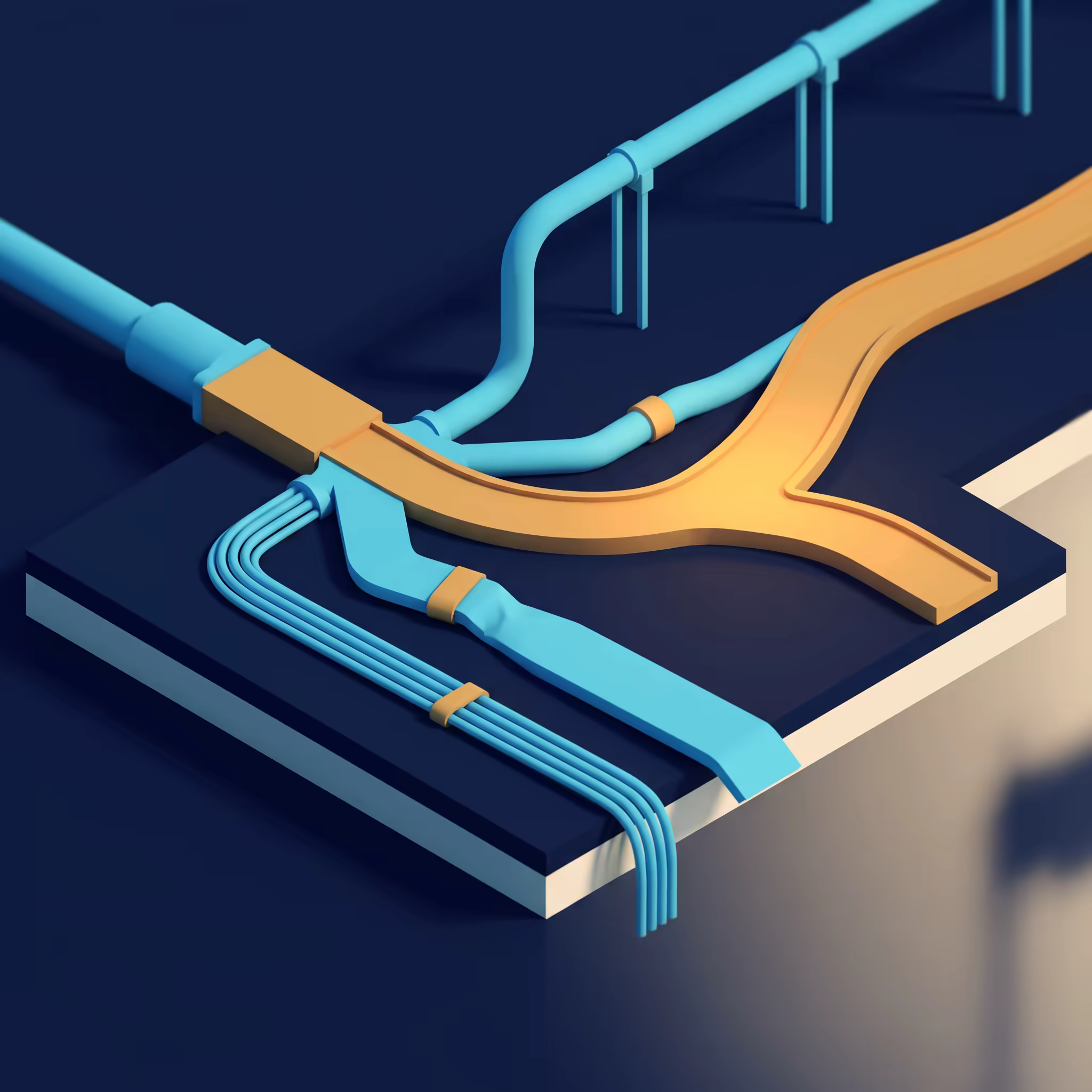 An isometric junction where one incoming conduit fans out into four branches of different widths, the widest amber branch curving away to the right while a narrow bundled branch runs patched and kinked over the platform edge