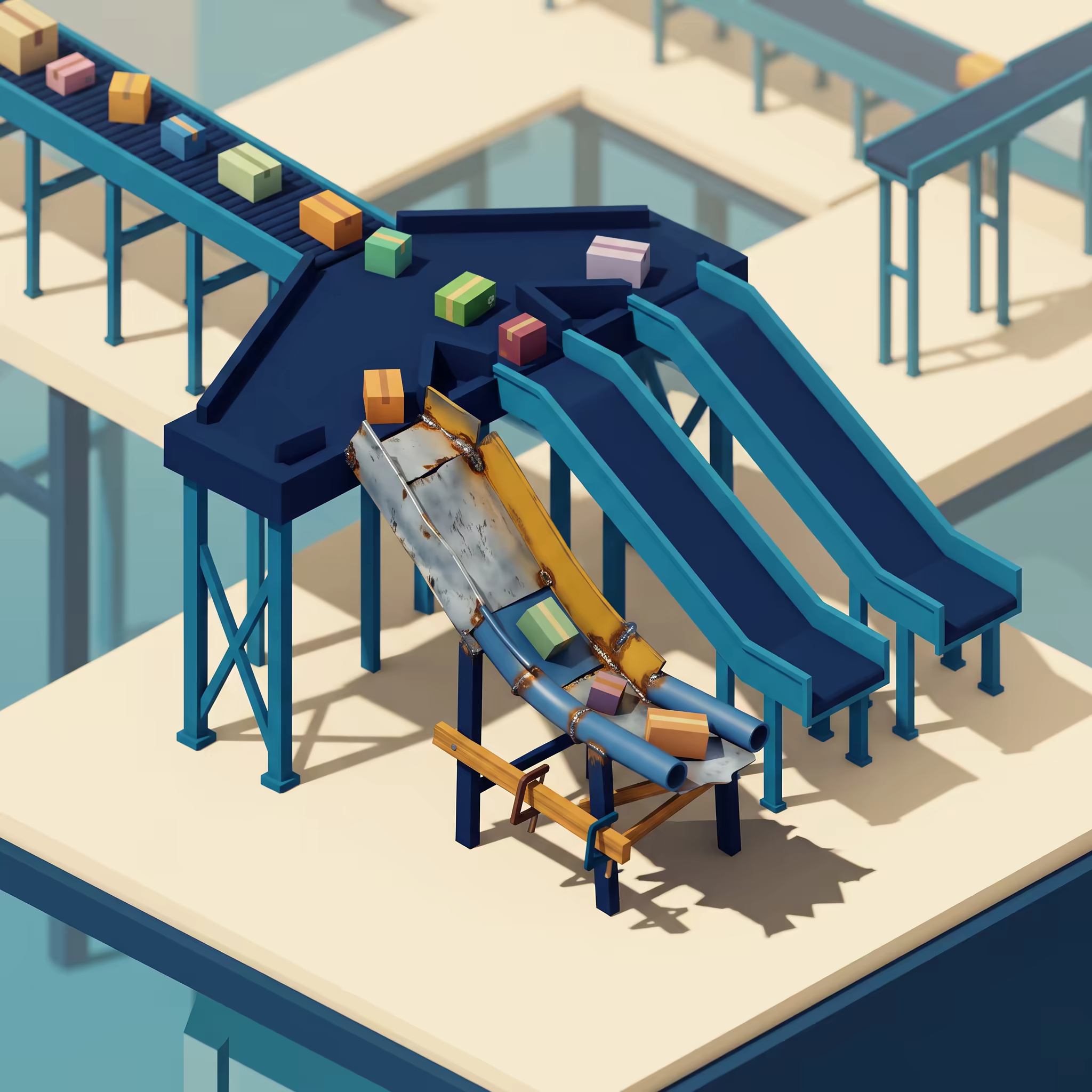 An isometric sorting line where two clean factory-moulded chutes run parallel to a third built from rusted salvaged panels, braced underneath with a crooked timber strut