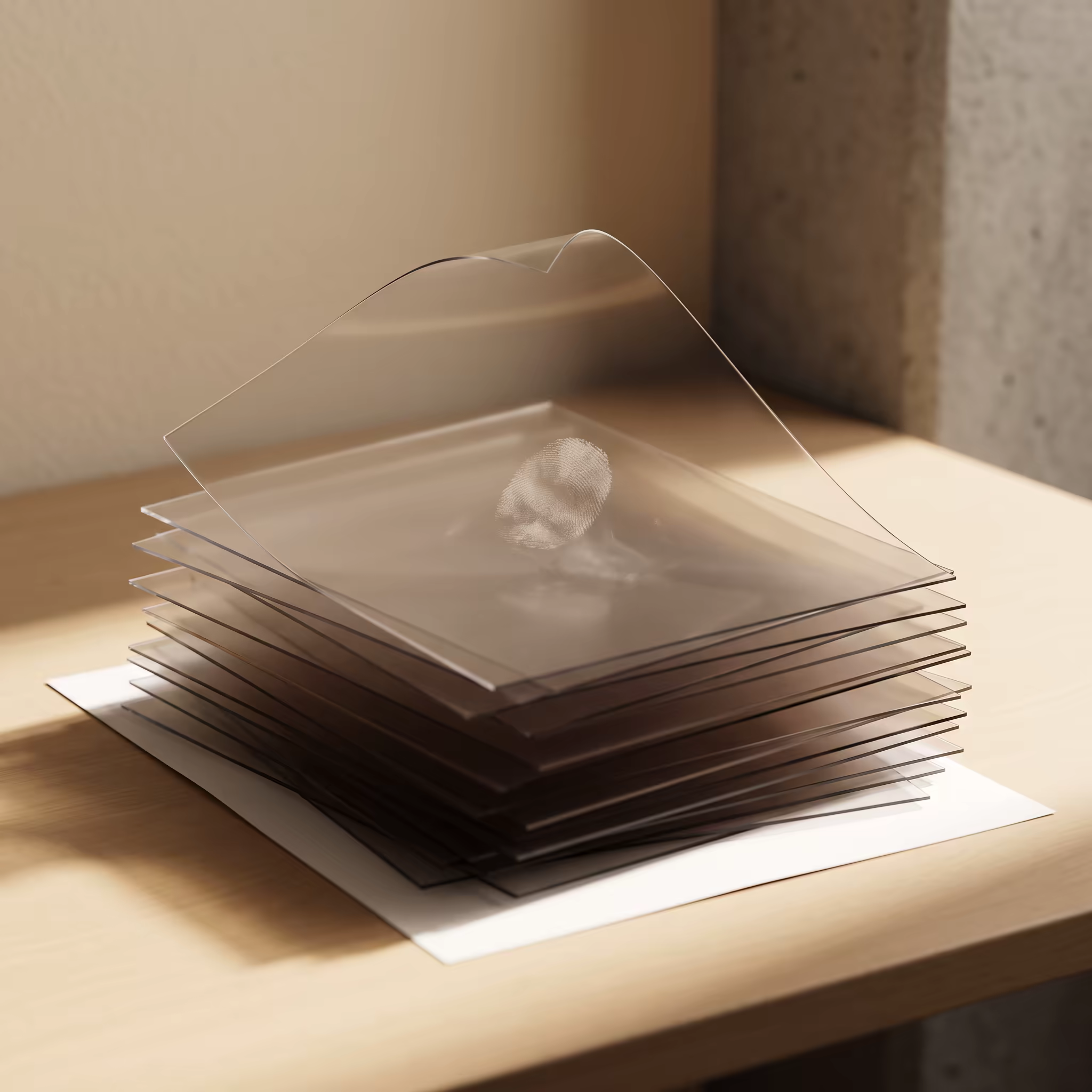 A thick stack of translucent acetate sheets piled unevenly on top of a single sheet of white paper, a greasy fingerprint smudge catching the light on the curling top sheet