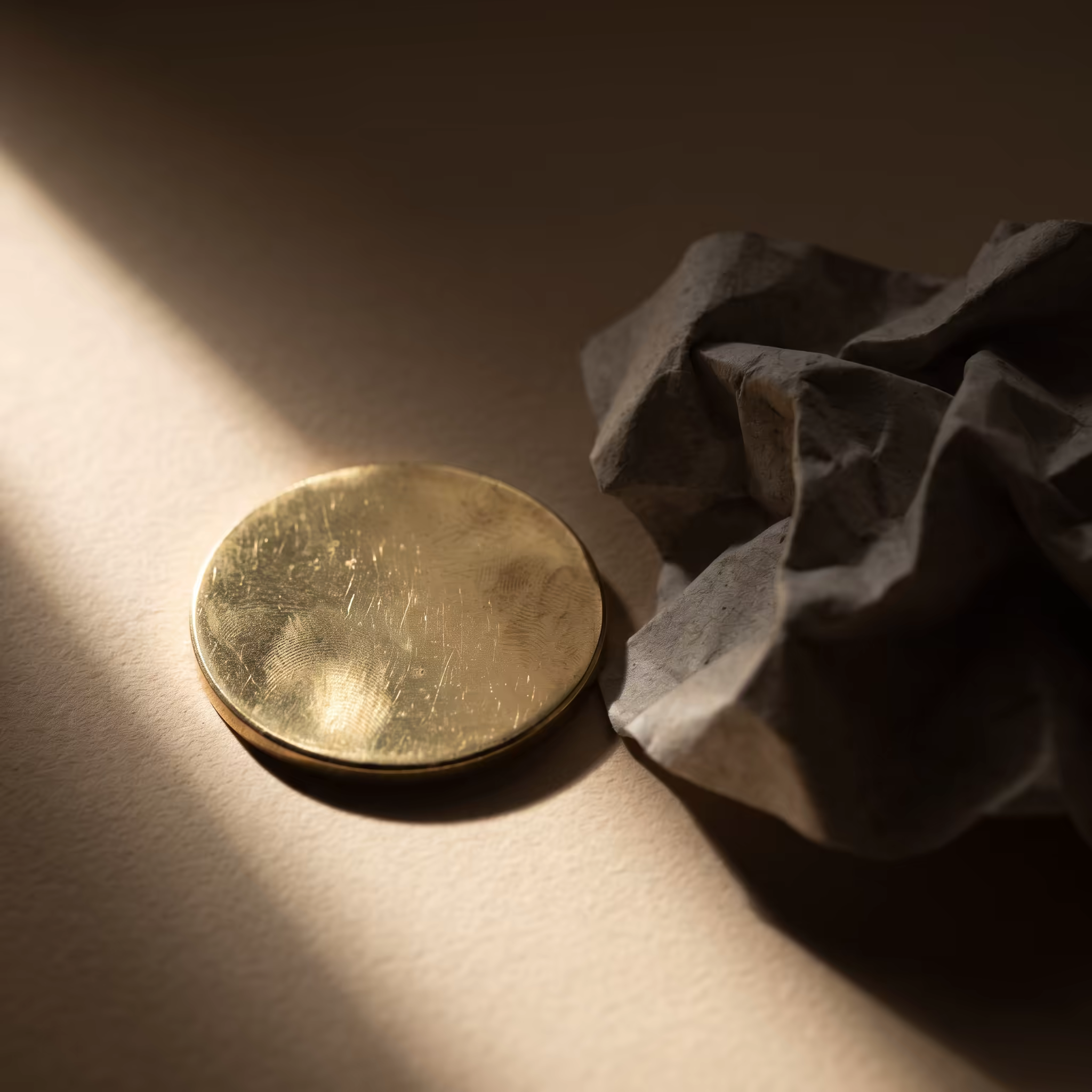 A scratched brass award medallion lying face-down on a beige desk beside a sheet of crumpled grey paper, cut across by a hard shaft of window light