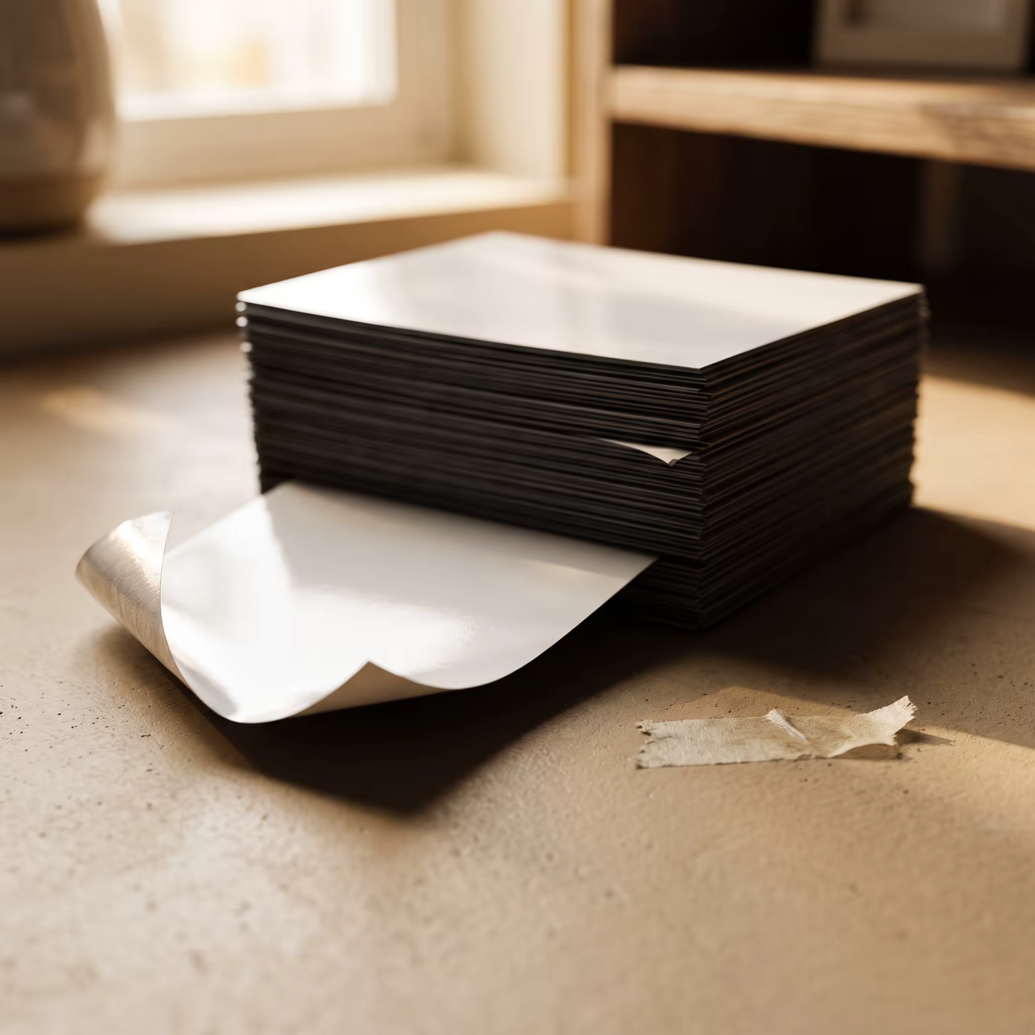 A stack of glossy blank prints on a desk with one single print pulled halfway out from the bottom of the pile, its corner curling up into the window light