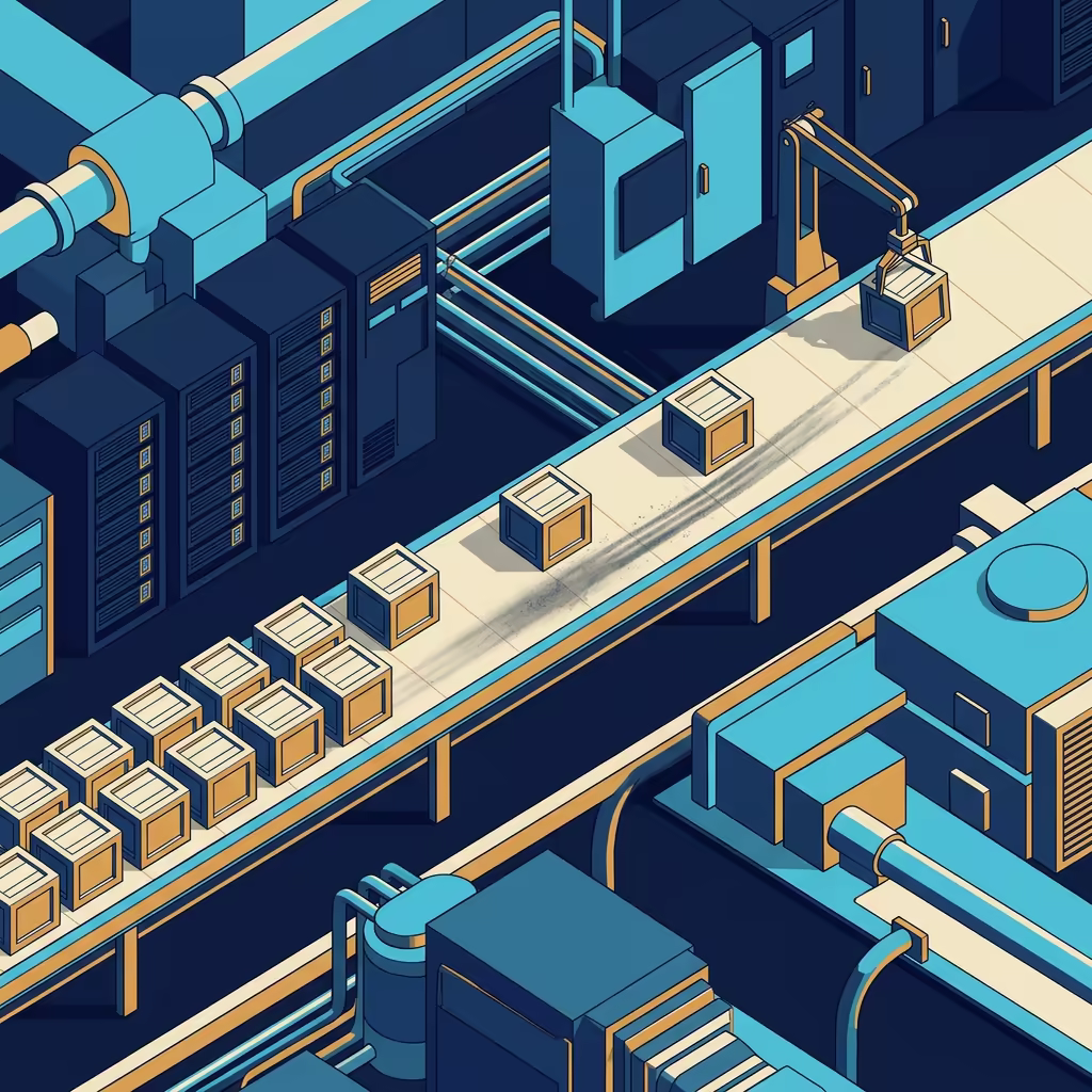 Isometric conveyor belt on which crates sit tightly packed at one end and the gaps between them widen toward a stalled sorting arm frozen above a single unfinished crate