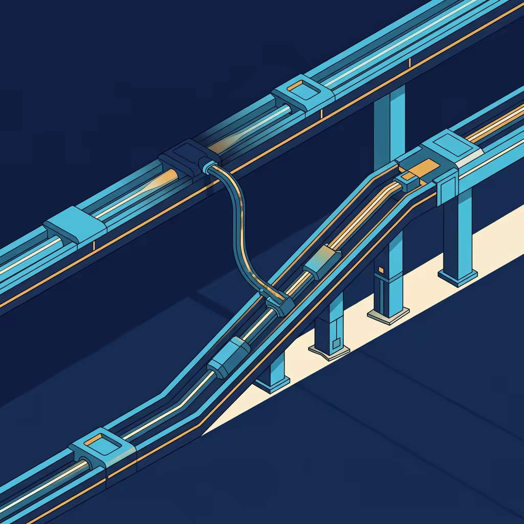 Isometric pair of elevated tracks where a second track climbs a long ramp on mismatched supports toward the level of the first, drawing power through a cable tapped into the established line