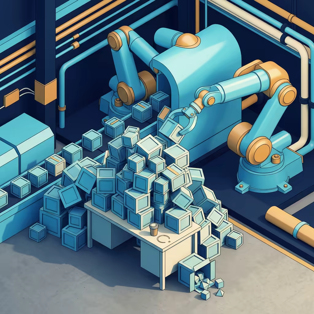 Isometric factory bay where a small desk is buried under a spilling pile of crates fed by large automated robot arms, with one crate toppled open on the floor and a coffee cup leaving a ring on the desk